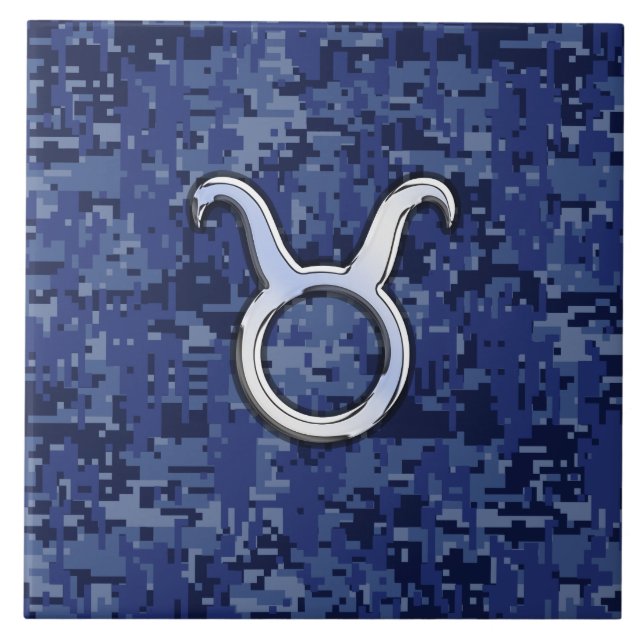 Modern Taurus Zodiac Sign Blue Digital Camouflage Ceramic Tile (Front)