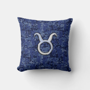 Modern Taurus Zodiac Sign Navy Blue Digital Camo Cushion
