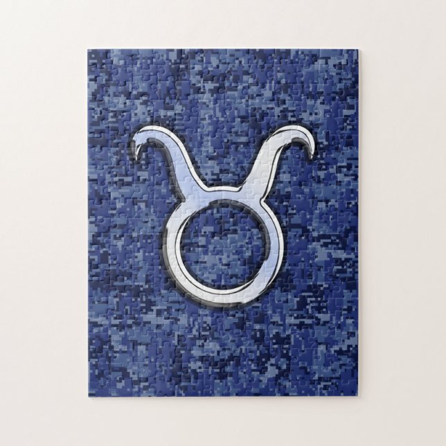 Modern Taurus Zodiac Sign Navy Blue Digital Camo Jigsaw Puzzle (Vertical)