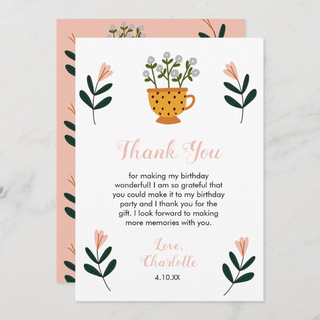 Modern Tea Party Floral Birthday Thank You Card (Front/Back)