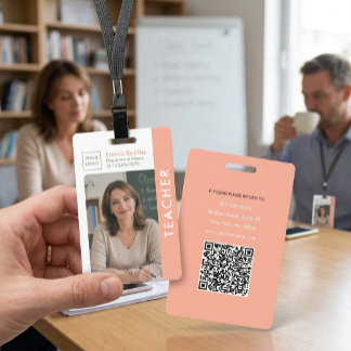 Modern Teacher ID Badge with Photo, Logo & QR Code
