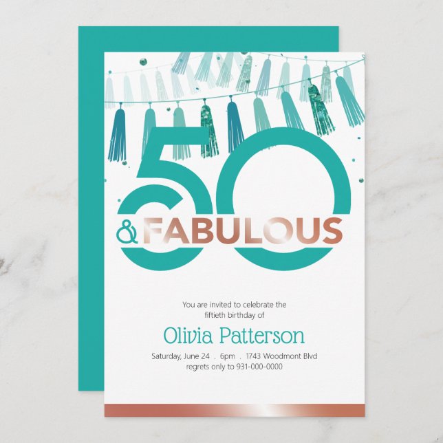 Modern Teal 50 and Fabulous Fifty Birthday Invitation (Front/Back)