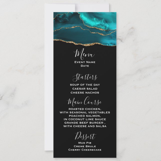 Modern Teal Agate & Gold Ribbon on Black Menu Invitation (Front)