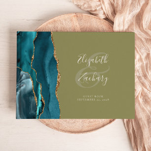 Modern Teal Agate Gold Script Olive Green Guest Book