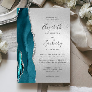 Modern Teal Agate Silver Wedding Invitation