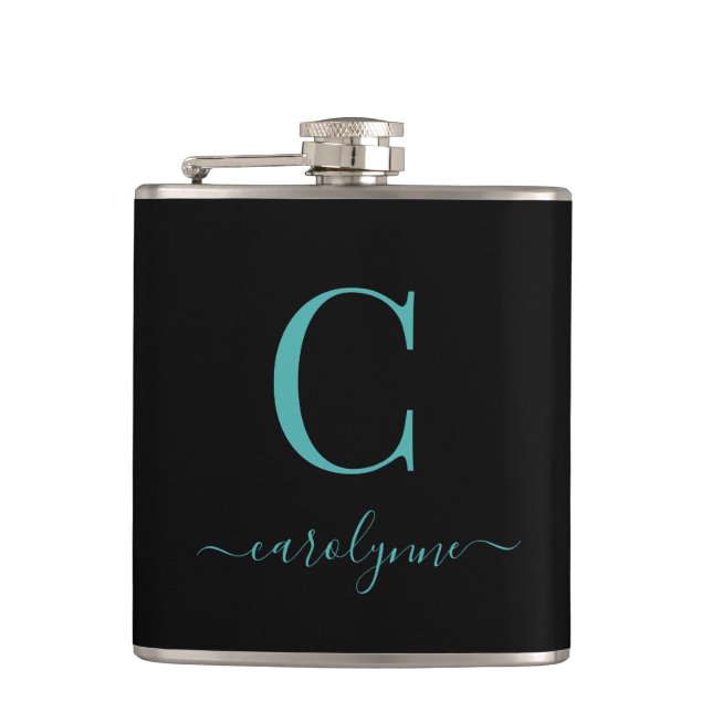 Modern Teal and Black Monogram Script Hip Flask (Front)