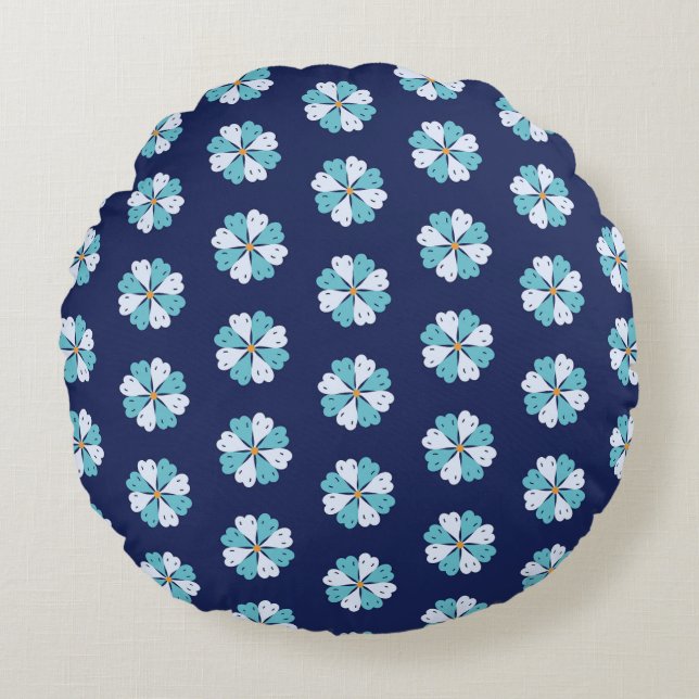 Modern Teal And Blue Floral Motif Round Cushion (Front)