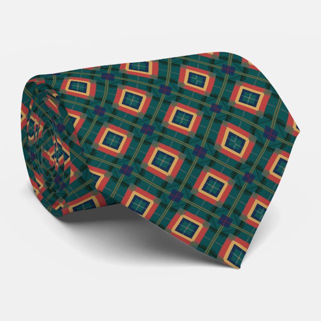 Modern Teal and Coral Geometric Diamond Pattern Tie (Rolled)