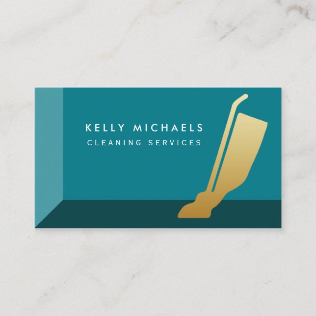 Modern Teal and Faux Gold Vacuum Cleaning Services Business Card (Front)