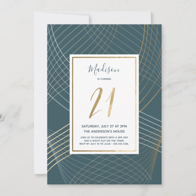 Modern Teal and Gold 21st Birthday Invitation (Front)