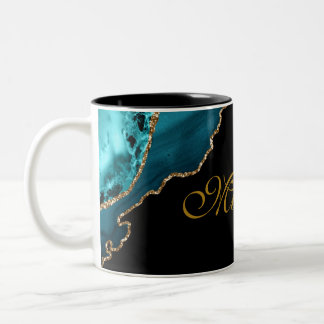 Modern Teal and Gold Agate Stone Personalised  Two-Tone Coffee Mug