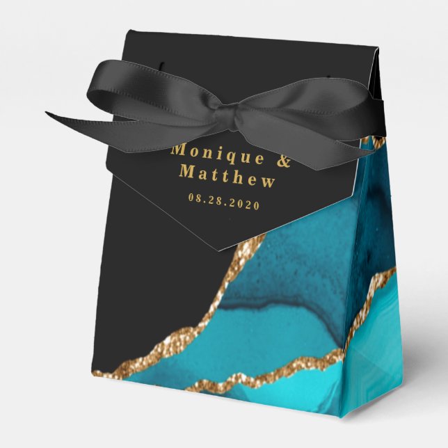 Modern Teal and Gold Agate Stone Wedding Favour Box (Front Side)