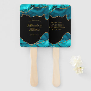 Modern Teal and Gold Agate Stone Wedding Hand Fan