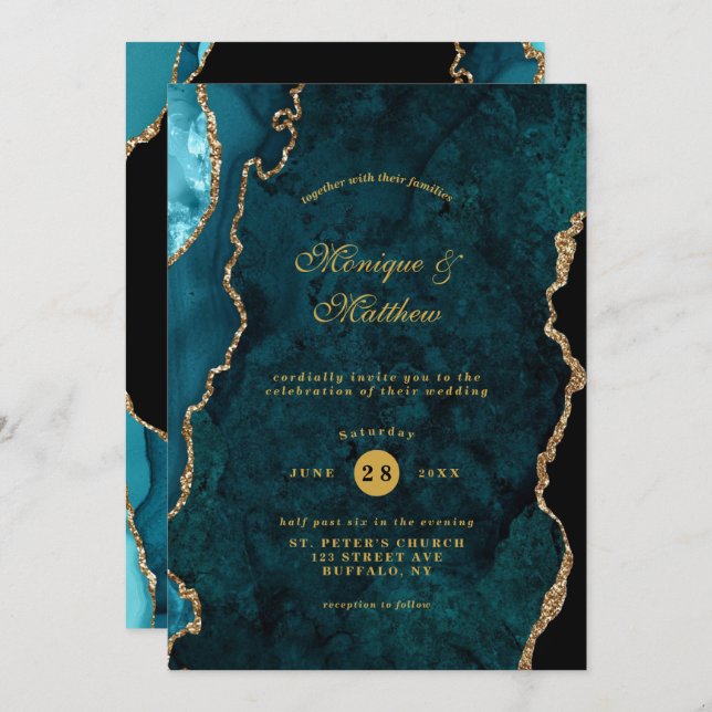 Modern Teal and Gold Agate Stone Wedding  Invitati Invitation (Front/Back)