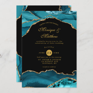 Modern Teal and Gold Agate Stone Wedding Invitation