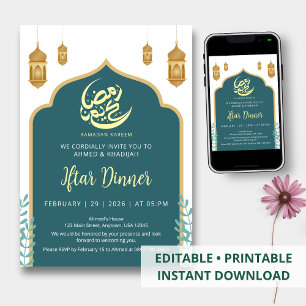 Modern Teal and Gold Arch Ramadan Iftar Invitation