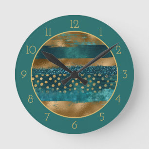 Modern teal and gold brush strokes with border round clock