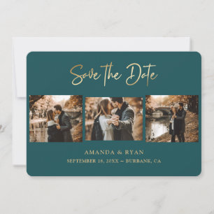 Modern Teal and Gold Foil Wedding 3 Photo Save The Date