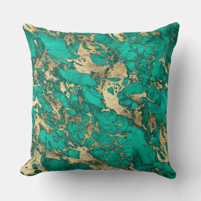 Modern Teal and Gold Marble Pattern Cushion (Front)