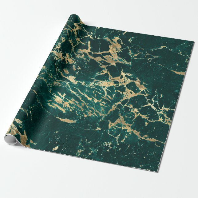 Modern Teal and Gold Marble Pattern Wrapping Paper (Unrolled)