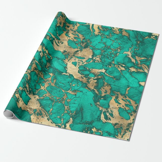 Modern Teal and Gold Marble Pattern Wrapping Paper (Unrolled)