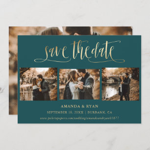 Modern Teal and Gold Wedding 4 Photo Save The Date