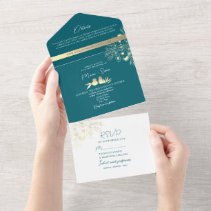 Modern Teal and Gold Wedding All In One Invitation