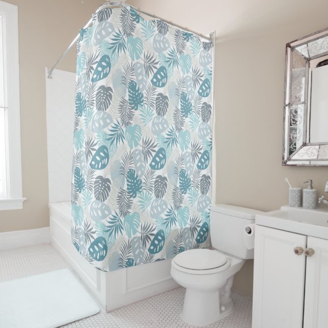 Modern Teal and Grey Leaves Shower Curtains (In Situ)