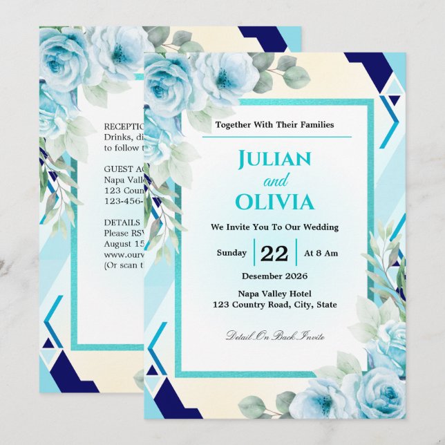 Modern Teal and Navy Geometric Wedding Invitation (Front/Back)