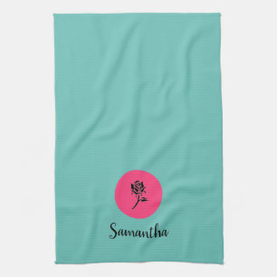 Modern Teal and Pink Rose Tea Towel