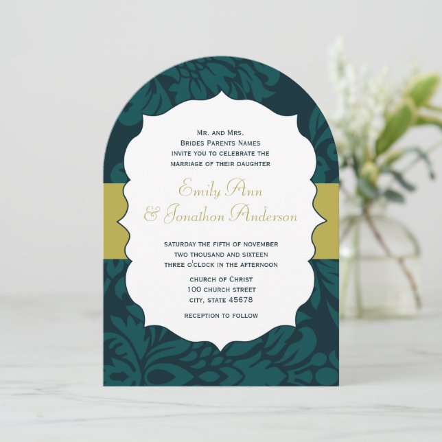 Modern Teal Aqua and Lime Damask Wedding Invite (Standing Front)