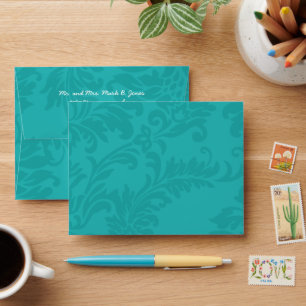 Modern Teal Aqua Blue Damask Wedding Invite Envelopes