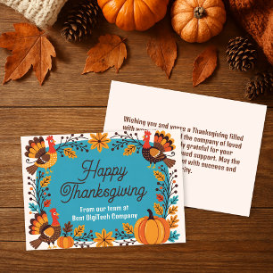 Modern Teal Autumn Turkey Corporate Thanksgiving Card