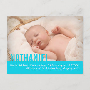Modern teal baby boy photo announcement postcard
