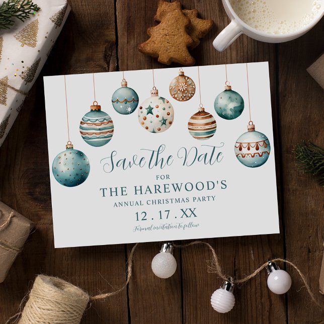 Modern Teal Bauble Christmas Party Save the Date Announcement Postcard (Creator Uploaded)