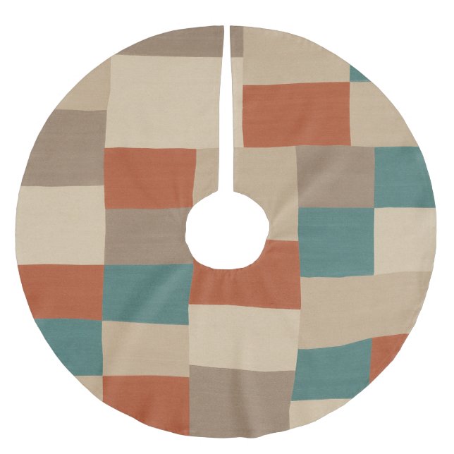 Modern Teal & Beige Geometric Blocks Brushed Polyester Tree Skirt (Front)