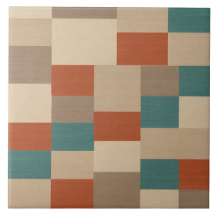 Modern Teal & Beige Geometric Blocks Ceramic Tile