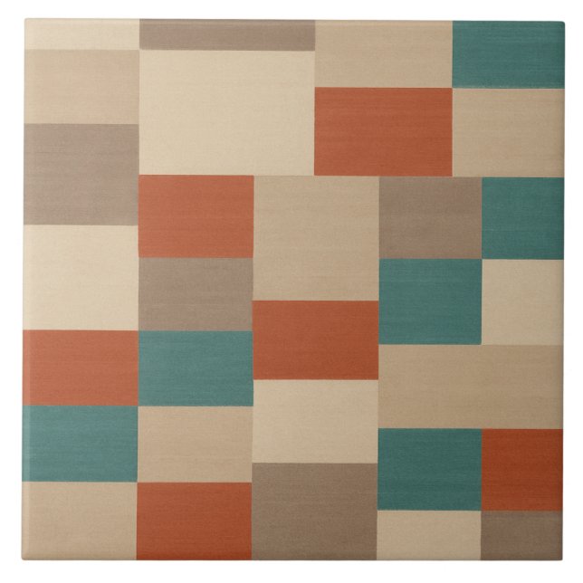 Modern Teal & Beige Geometric Blocks Ceramic Tile (Front)