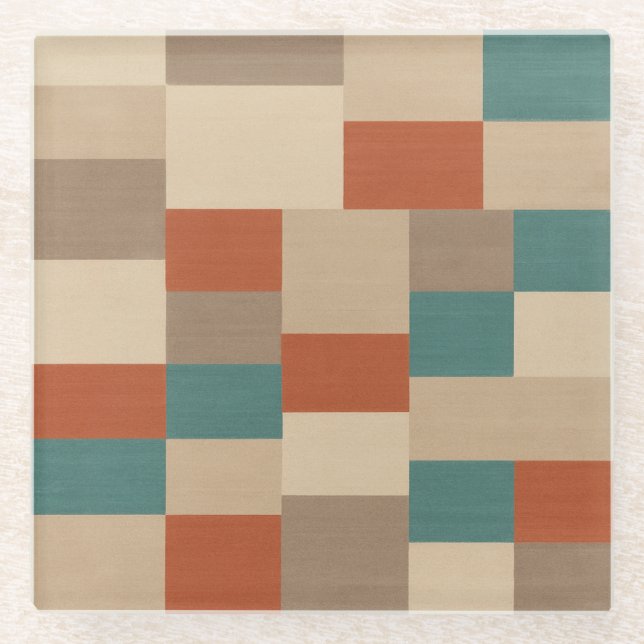 Modern Teal & Beige Geometric Blocks Glass Coaster (Front)
