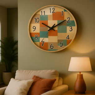 Modern Teal & Beige Geometric Blocks Large Clock
