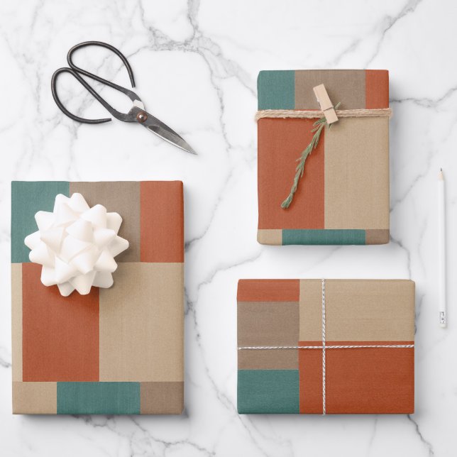 Modern Teal & Beige Geometric Blocks Wrapping Paper Sheet (Front)