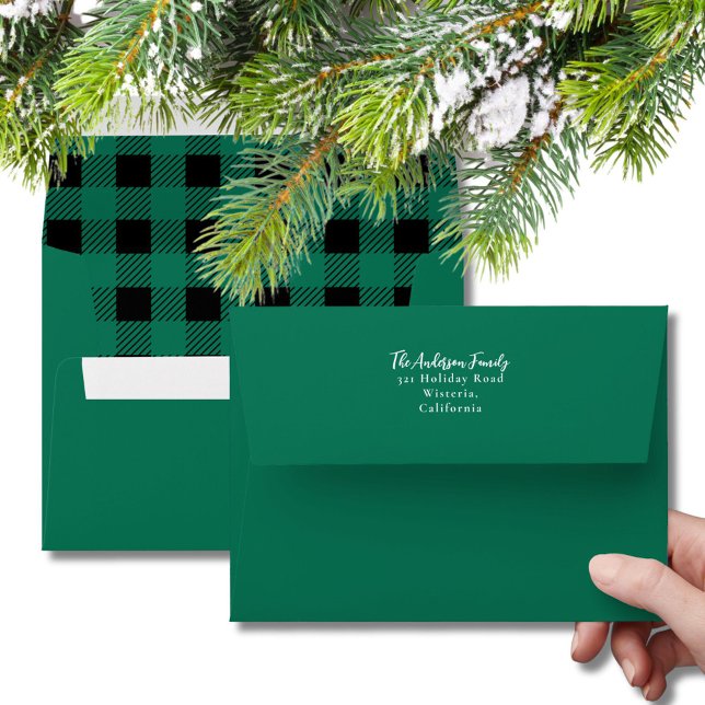 Modern Teal & Black Christmas Buffalo Plaid Envelope (Creator Uploaded)