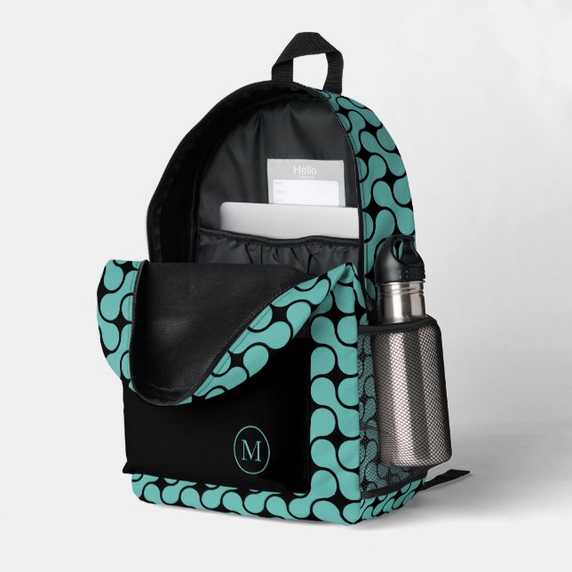 Modern Teal Black Monogram Geometric Printed Backpack (Back Corner Right (Open))