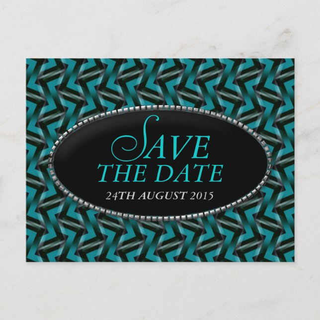 Modern Teal Black Pattern Save the Date Postcard (Front)