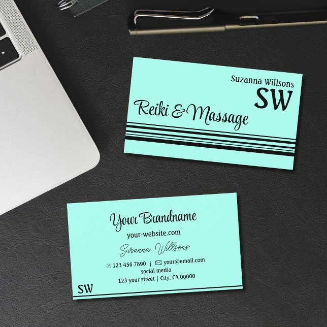 Modern Teal Black Stripes with Monogram Stylish Business Card (Creator Uploaded)