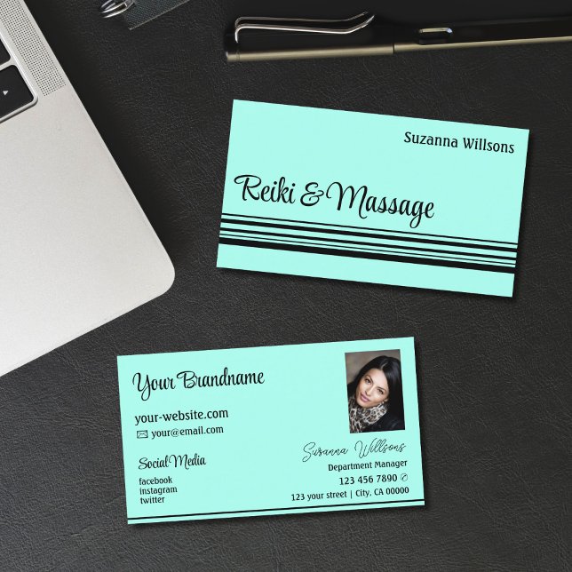 Modern Teal Black Stripes with Photo Professional Business Card (Creator Uploaded)