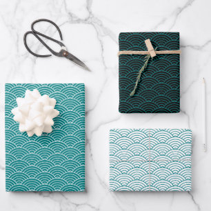 Modern Teal Black White Geometric Japanese Wave Wrapping Paper Sheet