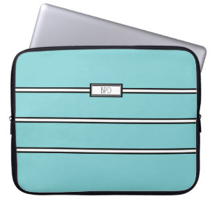 Modern Teal Black White Monogrammed Initials Laptop Sleeve