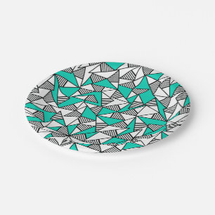 Modern Teal, Black, & White Striped Triangles Paper Plate