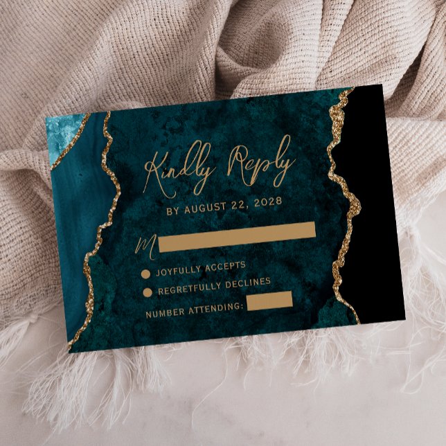 Modern Teal Blue Agate Script Wedding RSVP Card (Creator Uploaded)